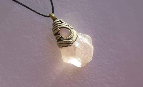 RESERVED Raw Rose Quartz Pendant - Brass ring - with slipknots on cotton wax-cord - 4.25cm/1.75"