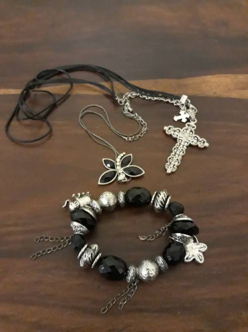 Beautiful Cross Necklace with a Buttefly Beaded Bangle and Neclace