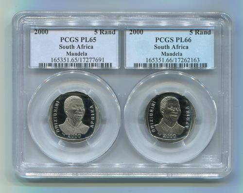 **NEW**NELSON MANDELA YEAR 2000 SMILING FACE PCGS GRADED PL 65 + PL 66 COMBINATION GRADING  R5 COINS