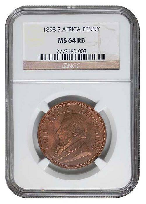 SPECTACULAR ! SOUTH AFRICA ZAR NGC GRADED 1898 KRUGER PENNY MS 64 RB - SHARP DETAIL LUSTRE FIELDS