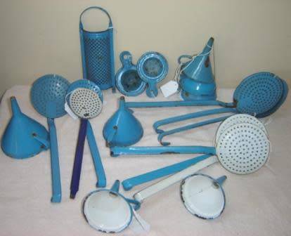 A lot of 19 Vintage Blue Enamelware Kitchenalia.   Ex Scandinavia