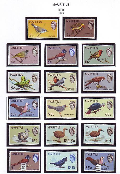 MAURITIUS 1965 UNMOUNTED MINT BIRD COLLECTION WITH 2 X EXTRA VARIENTS