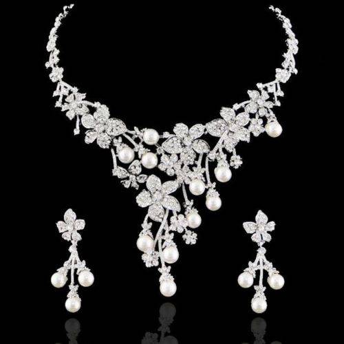 Necklace & Earrings - Faux Pearl & Crystal