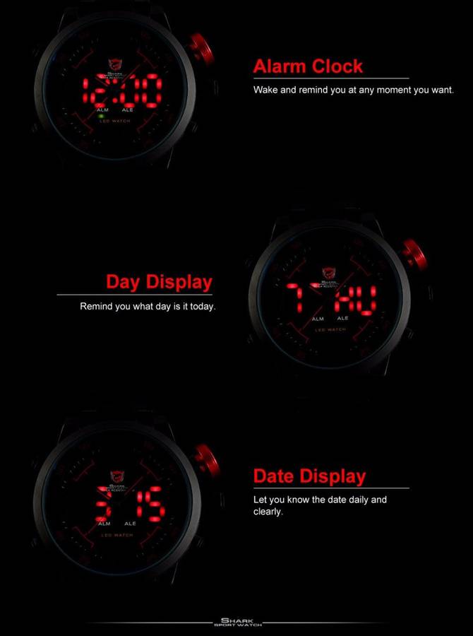 SHARK Digital Dual Movement 50MM HUGE Alarm Stainless Steel Case Leather Strap Sport Watch BRAND NEW