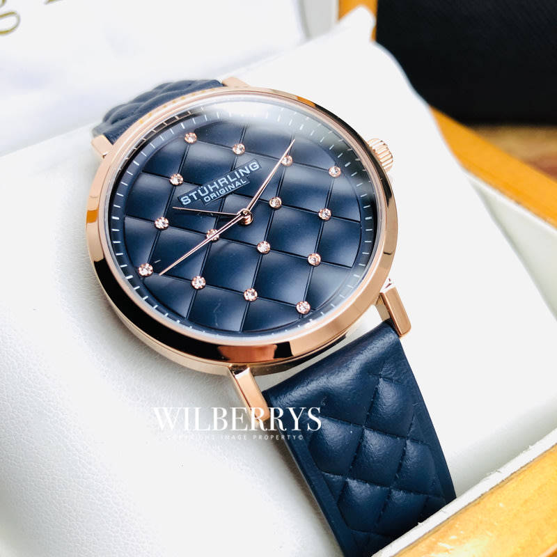 Retail: R5,499.00 STUHRLING ORIGINAL® Women's NOIR TUFFTED LEATHER Rose gold pl Watch BRAND NEW