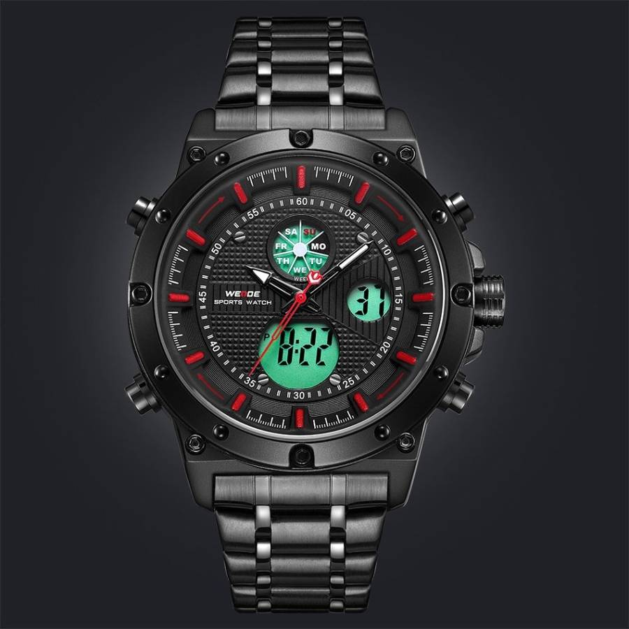 WEIDE Men's Goblin Ionic Steel 48mm Red Trim Dual Time + ALARM Watch BRAND NEW official SA store