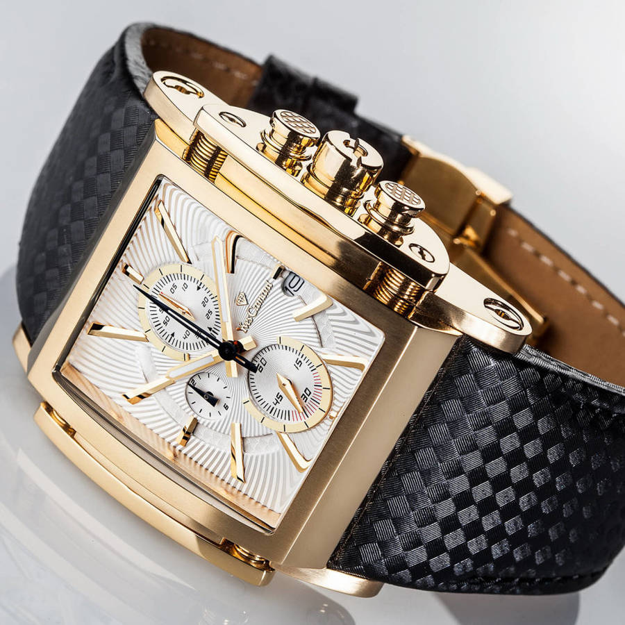 YVES CAMANI Men's Escaut Black/Gold Plated Chrono with Carbon Fibre Leather Watch + Gold Tin