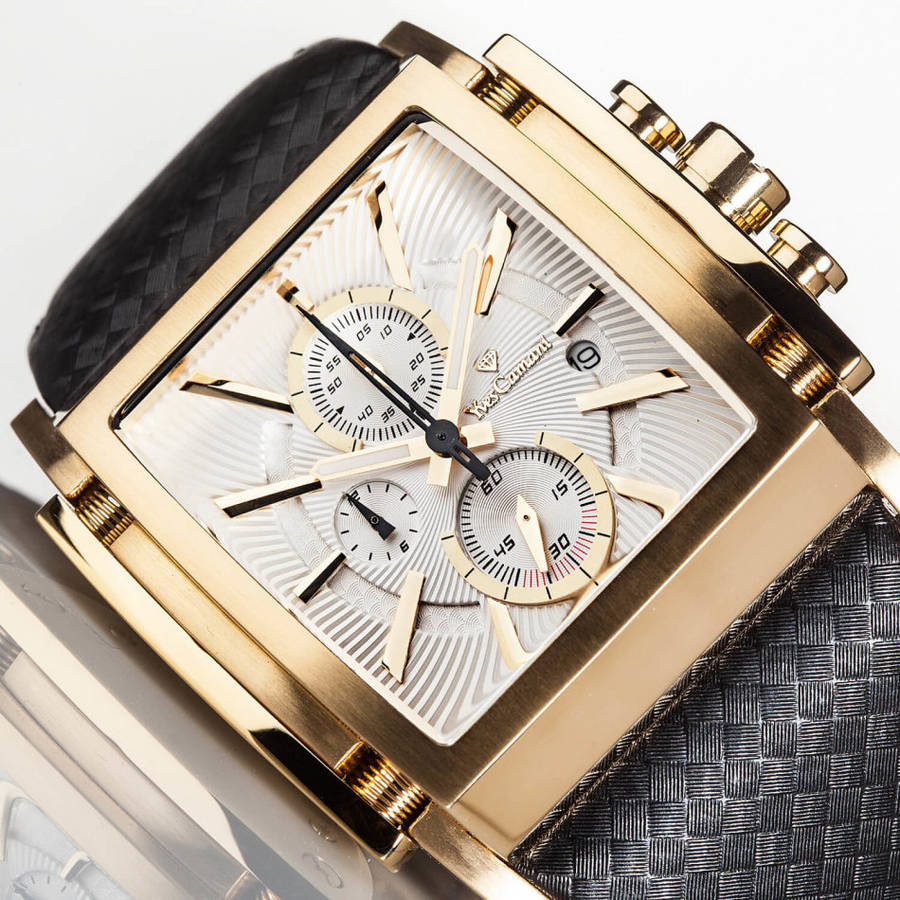 YVES CAMANI Men's Escaut Black/Gold Plated Chrono with Carbon Fibre Leather Watch + Gold Tin