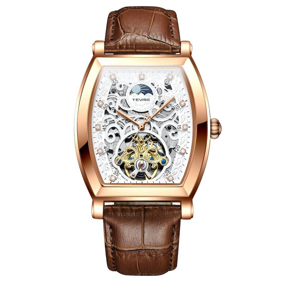 Retail: R2,899.00 TEVISE ® Men's Tonneux Tourbi Moonphase Automatic Rose Gold/Black Watch BRAND NEW