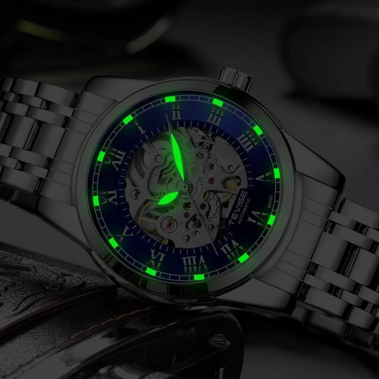 Retail: R1,999.00 TEVISE ® Men`s Skeleton Classic Ionic Black / Gold Watch BRAND NEW