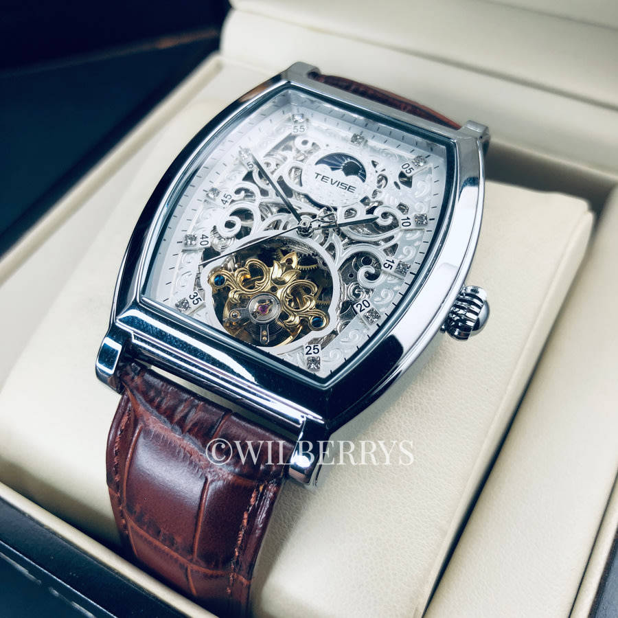 Retail: R2,899.00 TEVISE ® Men's Tonneux Tourbi Moonphase Automatic Brown Leather Watch BRAND NEW