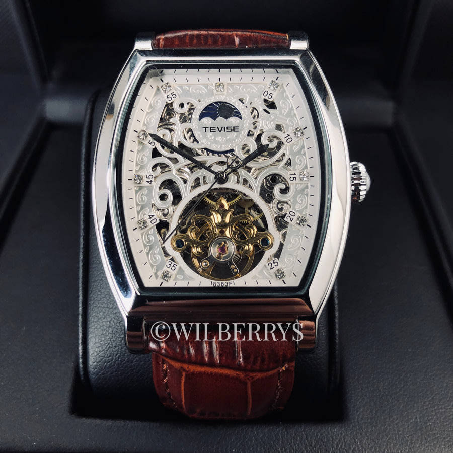 Retail: R2,899.00 TEVISE ® Men's Tonneux Tourbi Moonphase Automatic Brown Leather Watch BRAND NEW