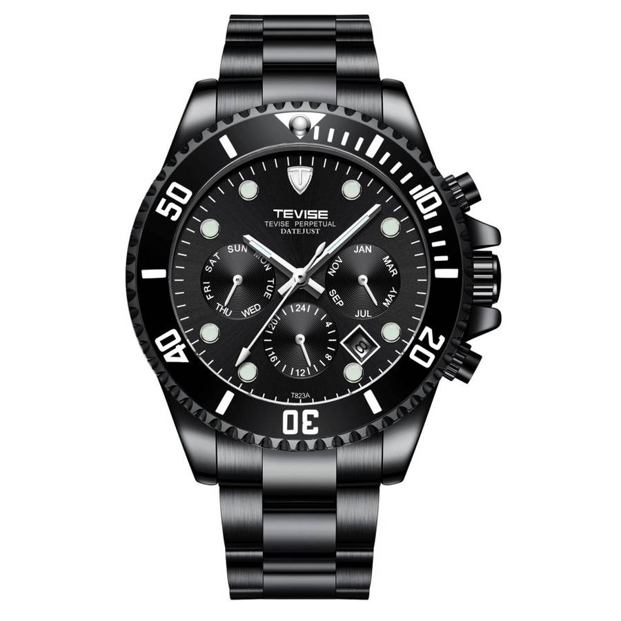 Retail: R2,599.00 TEVISE ® Men's Perpetual Automatic Ionic Black Watch BRAND NEW
