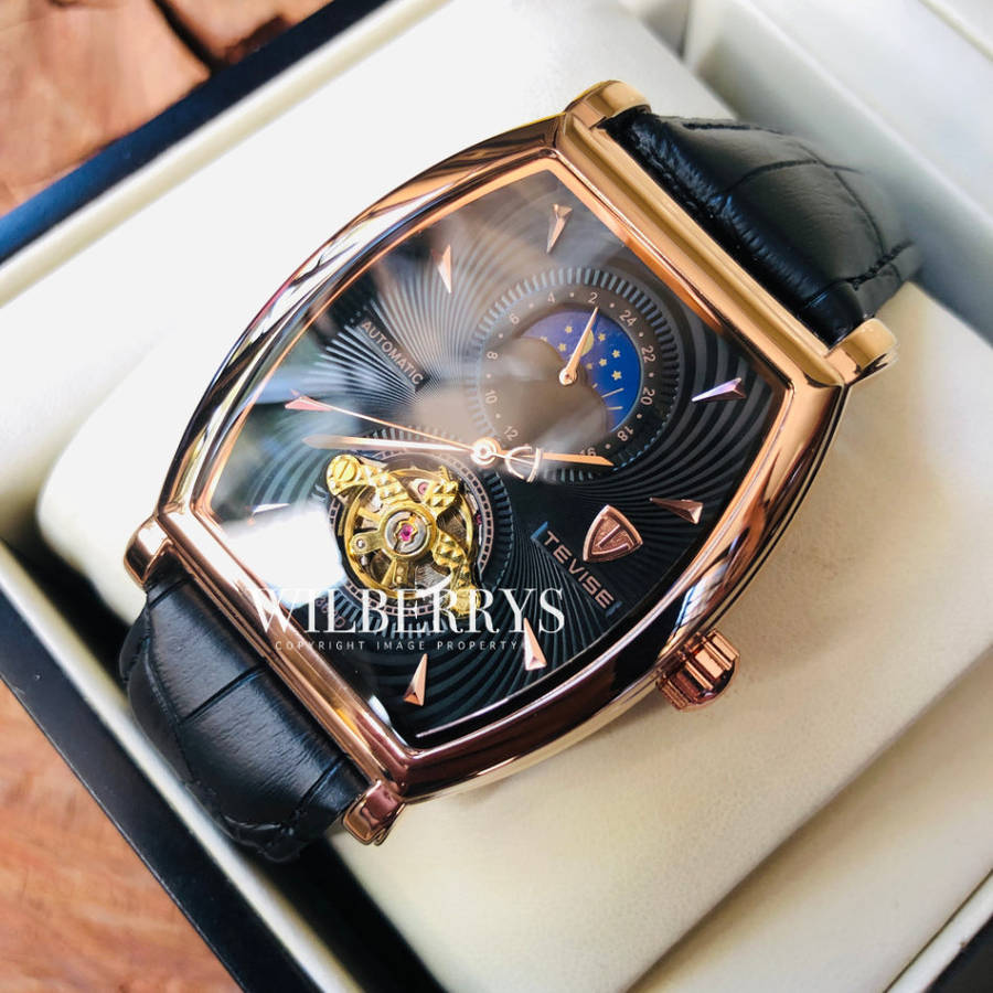 Retail: R2,899.00 TEVISE ® Men's Tonneux Tourbi Moonphase Automatic Rose Gold/Black Watch BRAND NEW