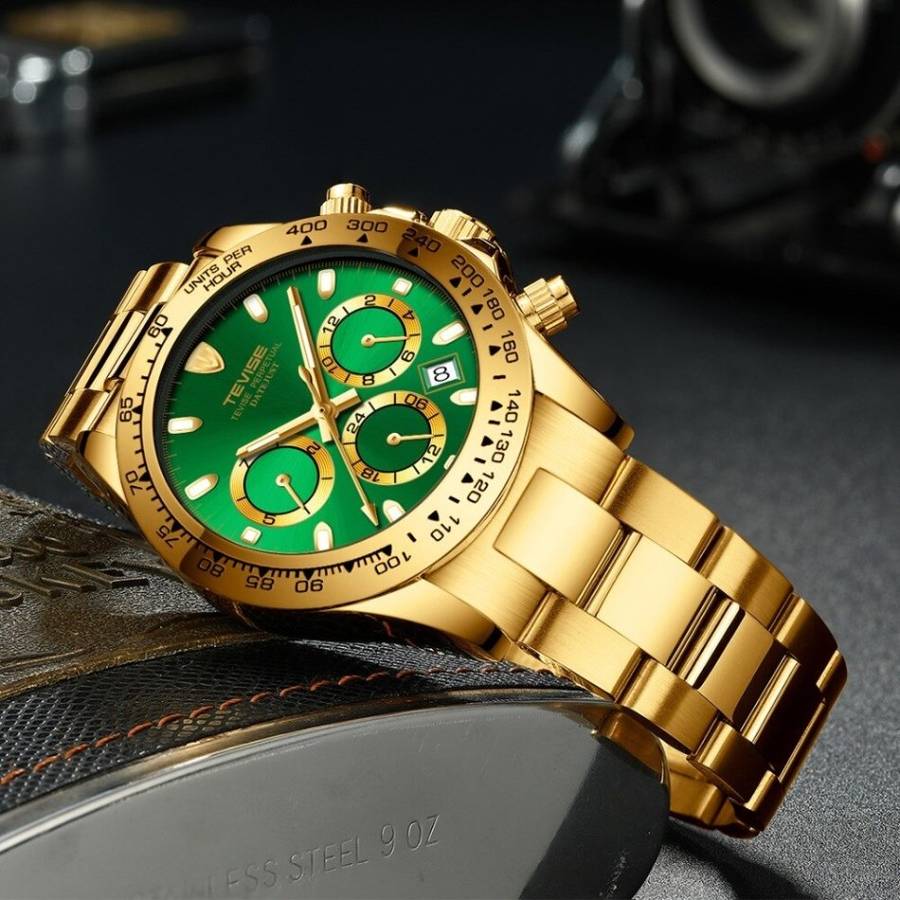 Retail: R2,599.00 TEVISE ® Men's Californian Racer Perpetual Automatic Gold/Green Watch BRAND NEW