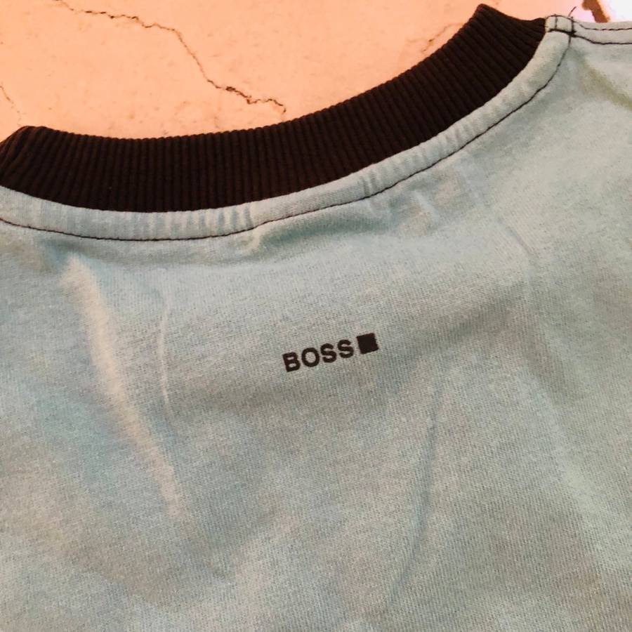 HUGO BOSS Turquoise World Tee Shirt Brown Trim  - 100% GENUINE NEW good condition