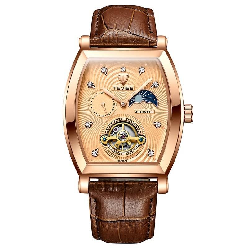 Retail: R2,899.00 TEVISE ® Men's Tonneux Tourbi Moonphase Automatic Brown Leather Watch BRAND NEW
