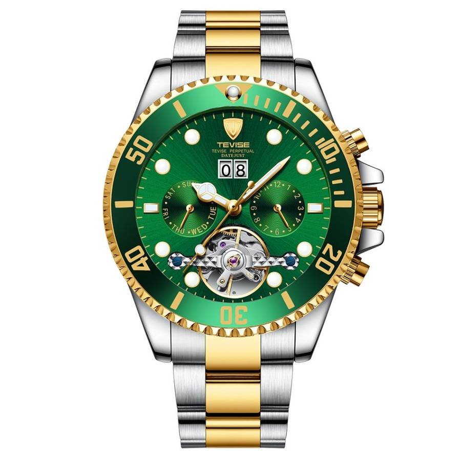 Retail: R2,599.00 TEVISE ® Men's Perpetual FLYWHEEL Automatic Two Tone Green Watch BRAND NEW