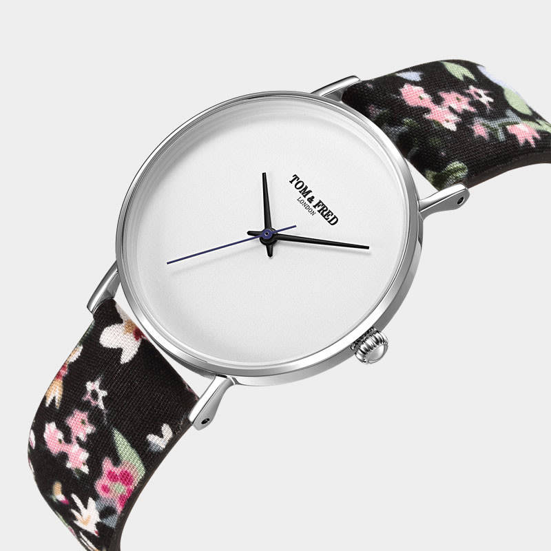 Retail: R2,999.00 TOM & FRED London Women's Swiss Slim Rummage BLACK Floral Leather Watch