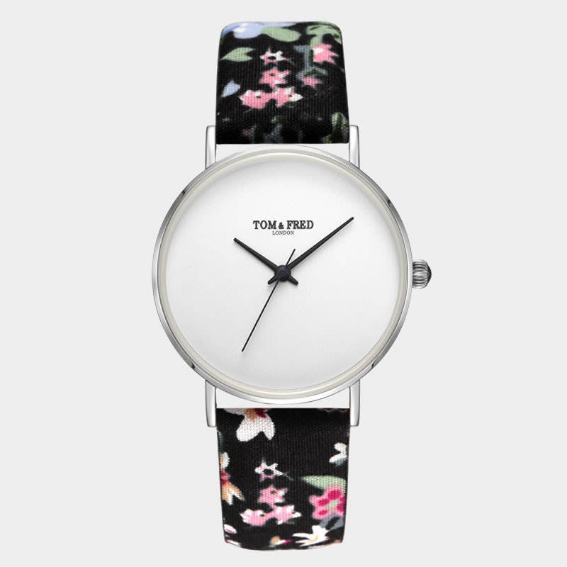 Retail: R2,999.00 TOM & FRED London Women's Swiss Slim Rummage BLACK Floral Leather Watch