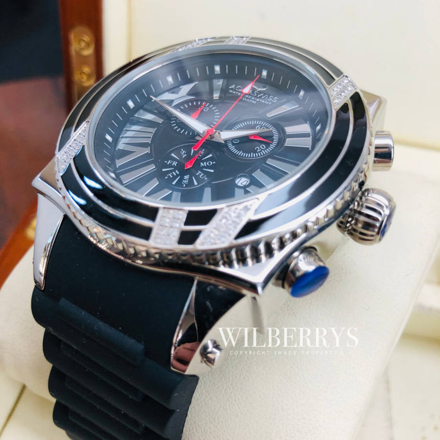Retail: R28,500.00 Aquaswiss AQUANAUT DIAMOND Black/Silver THICK/HEAVY Chrono Watch BRAND NEW