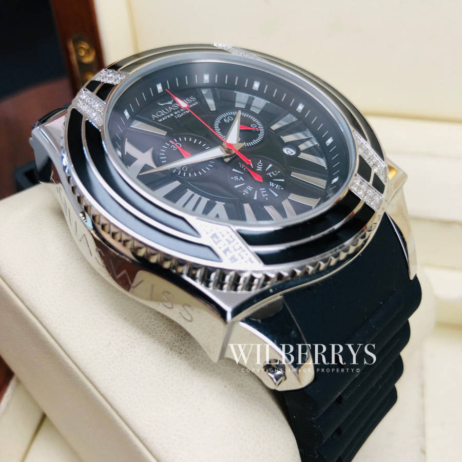Retail: R28,500.00 Aquaswiss AQUANAUT DIAMOND Black/Silver THICK/HEAVY Chrono Watch BRAND NEW