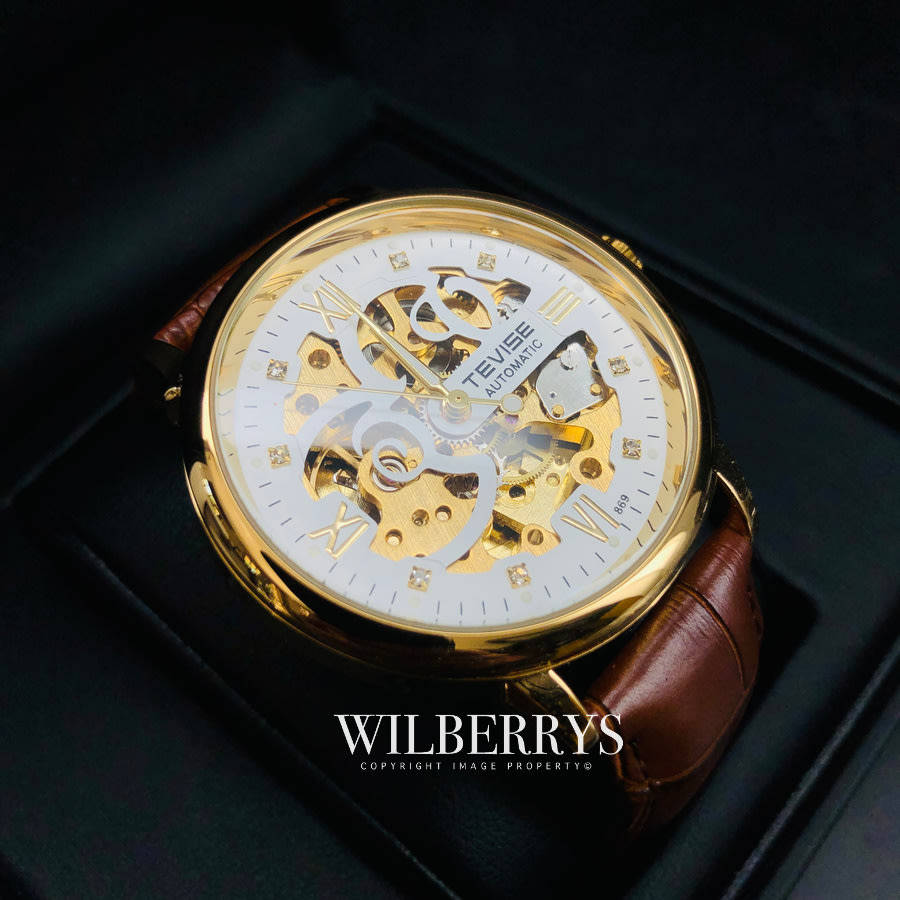 Retail: R2,399.00 TEVISE ® Men`s Metropolis Leather Gold/White Watch BRAND NEW