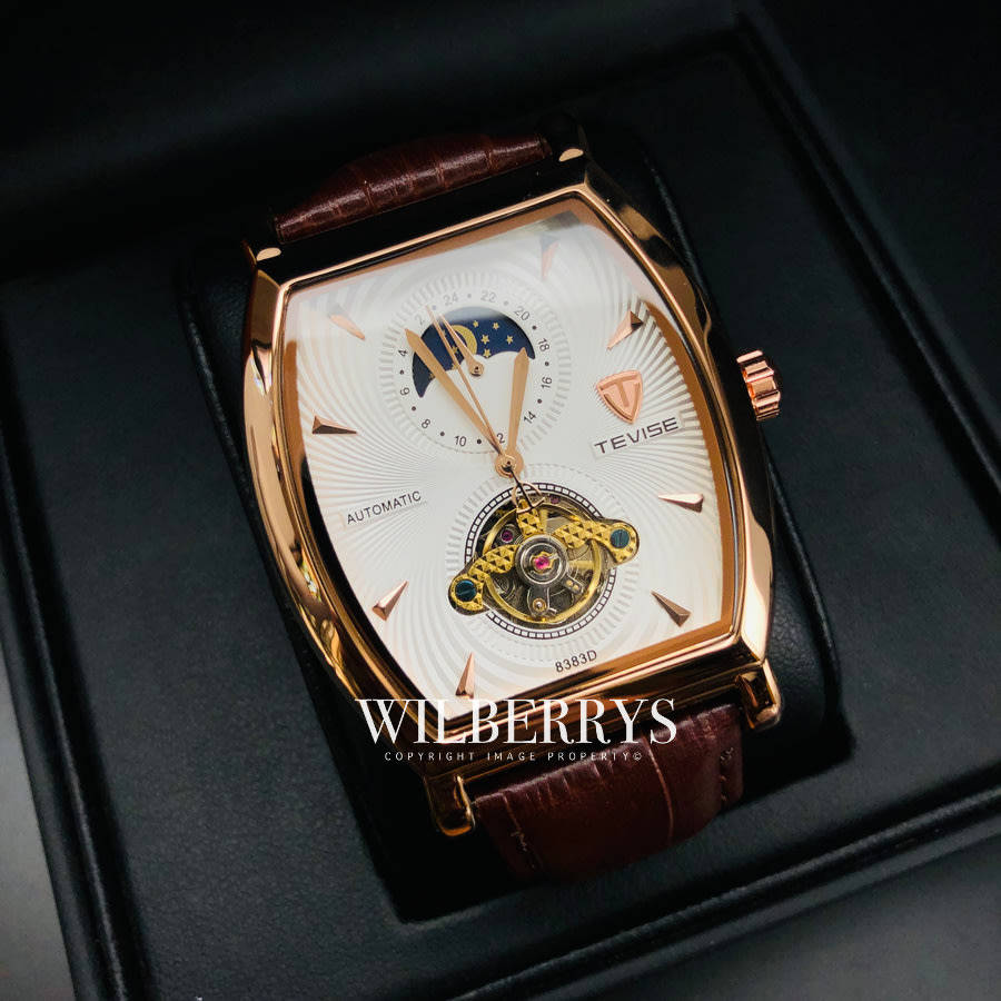 R30 courier!! rrp R2,899.00 TEVISE ® Men`s Tonneux Tourbi Moonphase Automatic Rose Gold White Watch