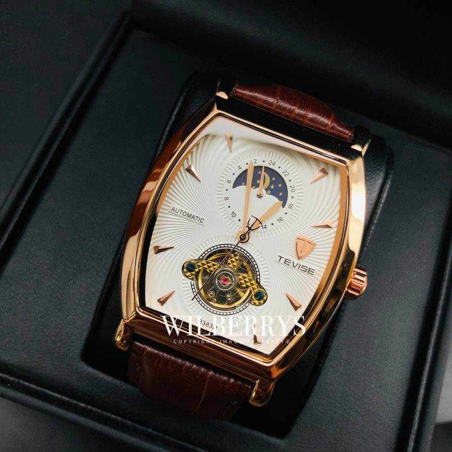 R30 courier!! rrp R2,899.00 TEVISE ® Men`s Tonneux Tourbi Moonphase Automatic Rose Gold White Watch
