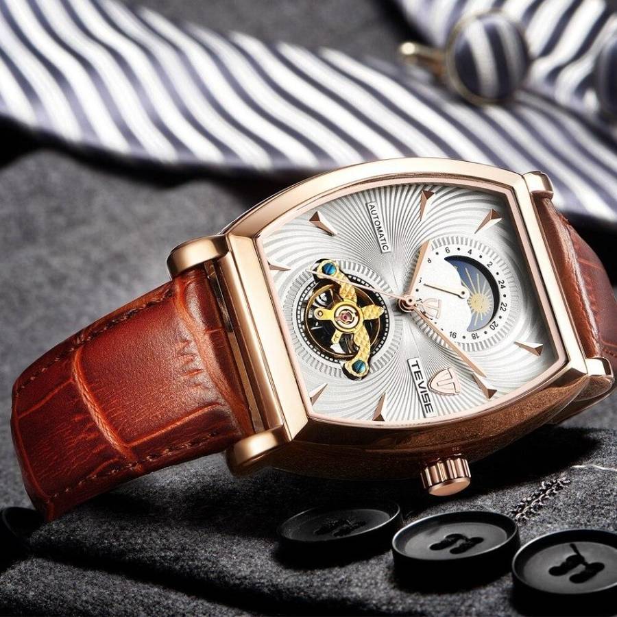 R30 courier!! rrp R2,899.00 TEVISE ® Men`s Tonneux Tourbi Moonphase Automatic Rose Gold White Watch