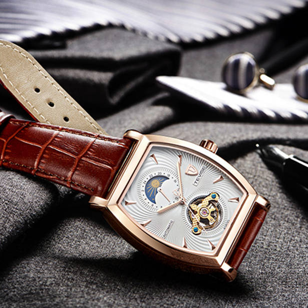 R30 courier!! rrp R2,899.00 TEVISE ® Men`s Tonneux Tourbi Moonphase Automatic Rose Gold White Watch