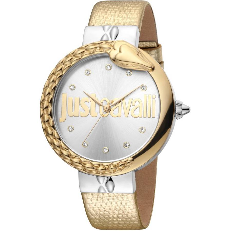 R7k ROBERO CAVALLI Women's Bold 40mm Leather Gold/Golden Zirconia Watch GENUINE BRAND NEW
