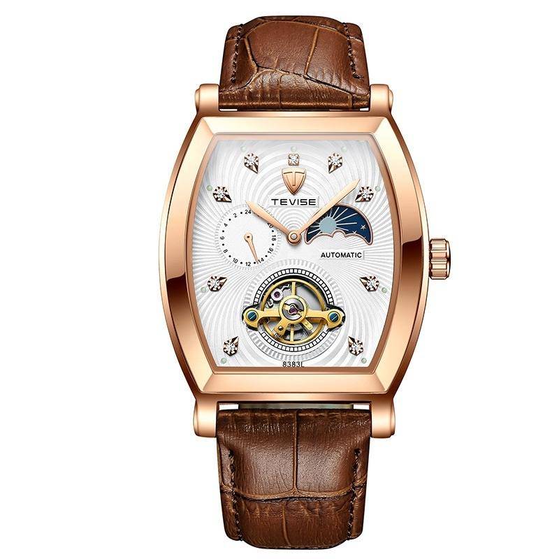 Retail: R2,899.00 TEVISE ® Men's Tonneux Tourbi Moonphase Automatic Brown Leather Watch BRAND NEW