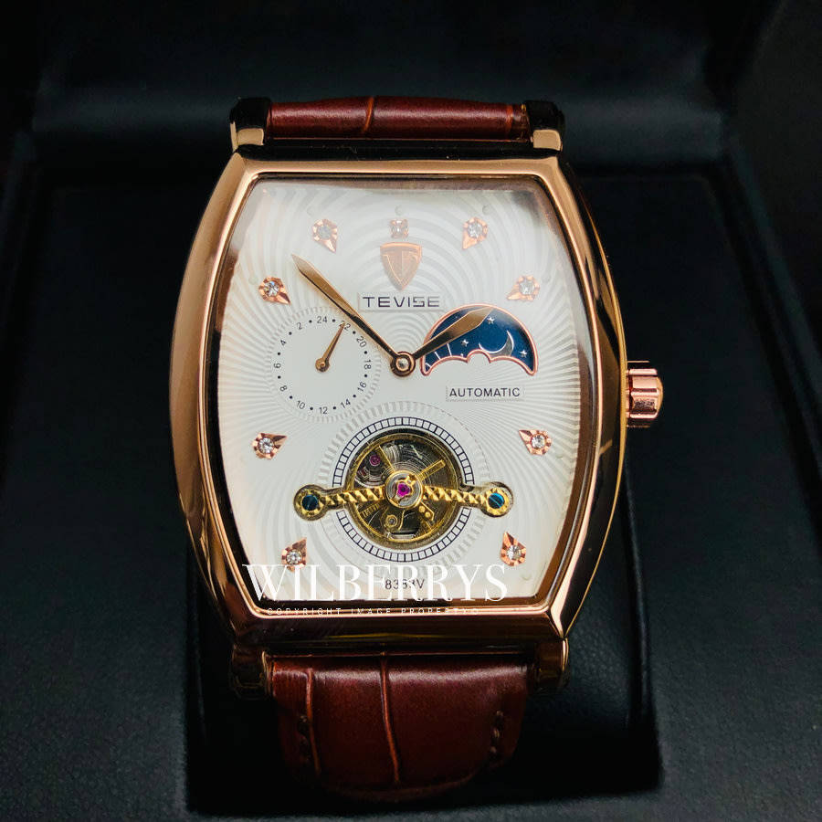 Retail: R2,899.00 TEVISE ® Men's Tonneux Tourbi Moonphase Automatic Brown Leather Watch BRAND NEW