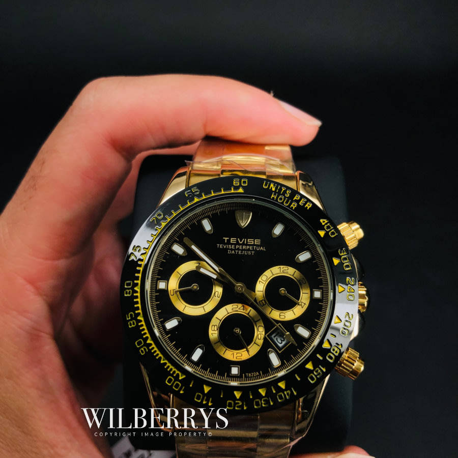 Retail: R2,599.00 TEVISE ® Men's Californian Racer Perpetual Automatic Gold/Black Watch BRAND NEW