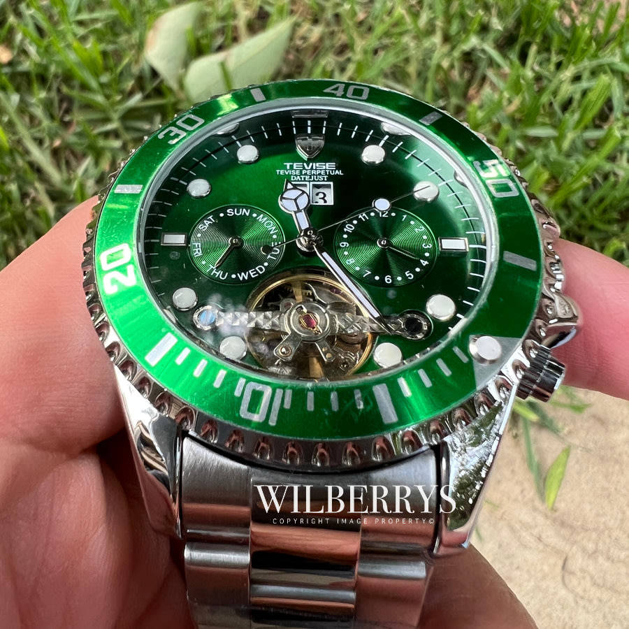 Retail: R2,599.00 TEVISE ® Men`s Perpetual FLYWHEEL Automatic Green Watch BRAND NEW