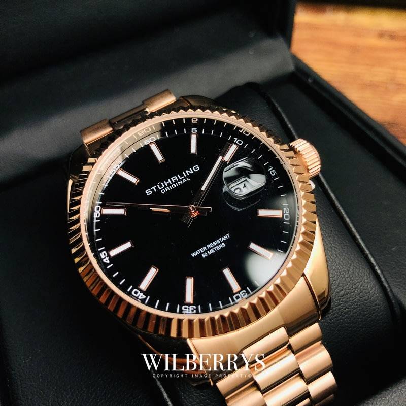Retail: R6,000.00 STUHRLING ORIGINAL® Men's Grande Date Rose Gold Plated Watch BRAND NEW!