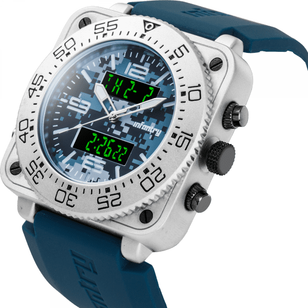 Retail: R3,999.00 INFANTRY MILITARY CO. Men`s Tank ACU Silicon 47mm BIG Dual Movement Watch Blue NEW