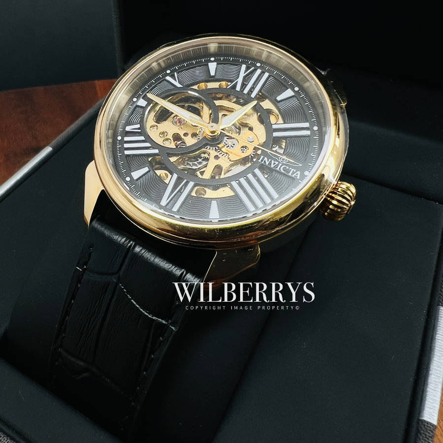 ***skeleton*** Retail: R6,999.00 INVICTA Men`s Black Leather Automatic 42mm Watch BRAND NEW
