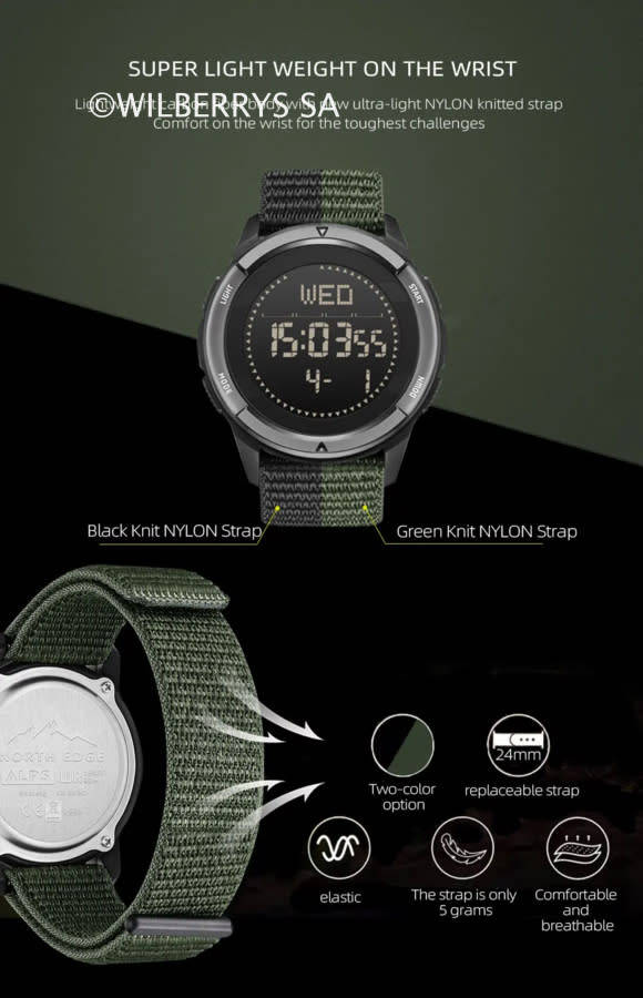 Tactical watch compass, carbon fiber North Edge mountain Alps watch green nylon