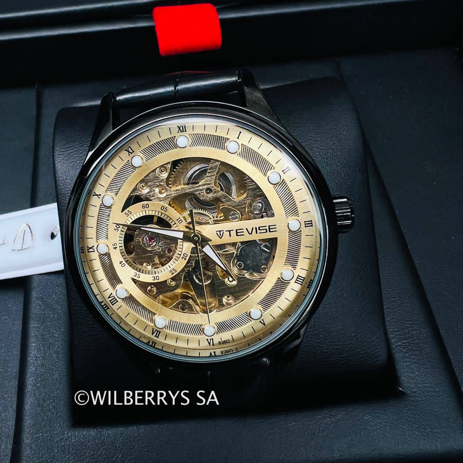 Retail: R2,399.00 TEVISE® Mens Dream AUTOMATIC Skeleton Gold/Black Watch