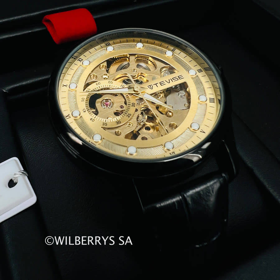 Retail: R2,399.00 TEVISE® Mens Dream AUTOMATIC Skeleton Gold/Black Watch