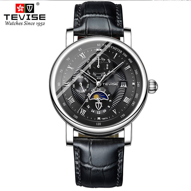 TEVISE ® Mens Namura Moonphase 45mm Tourbi Automatic Leather Watch