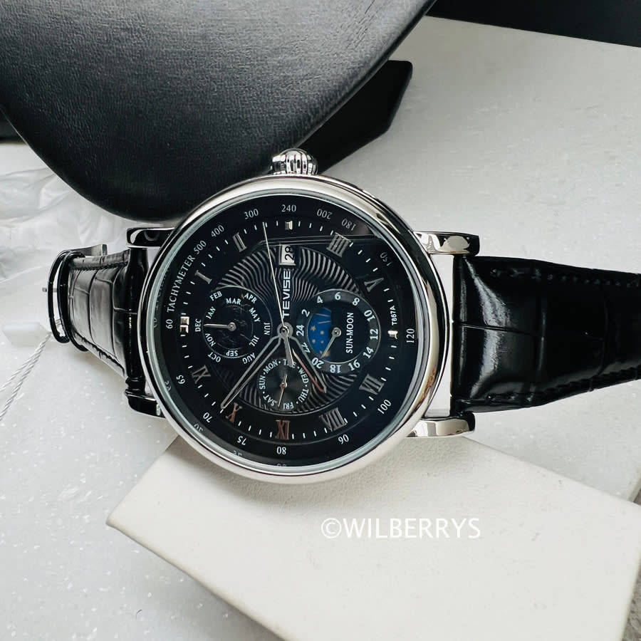 TEVISE ® Mens Namura Moonphase 45mm Tourbi Automatic Leather Watch