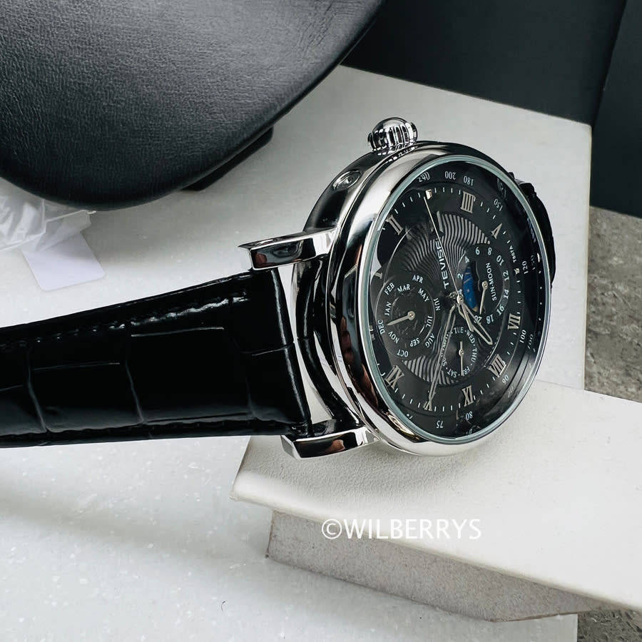 TEVISE ® Mens Namura Moonphase 45mm Tourbi Automatic Leather Watch