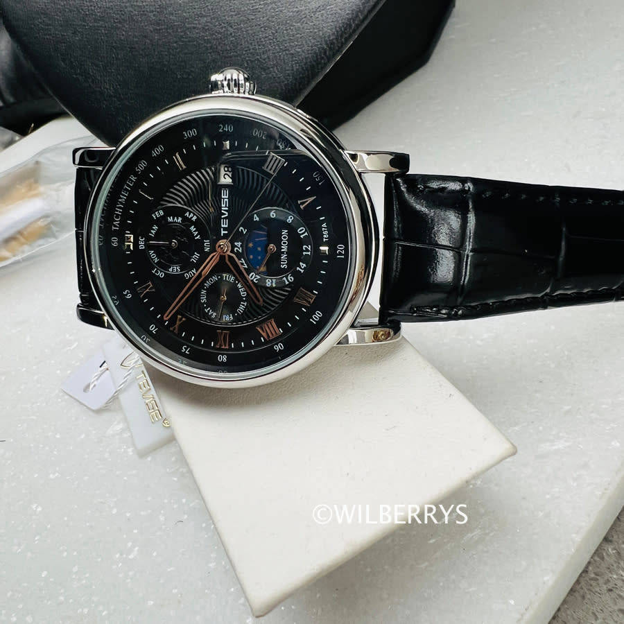 TEVISE ® Mens Namura Moonphase 45mm Tourbi Automatic Leather Watch