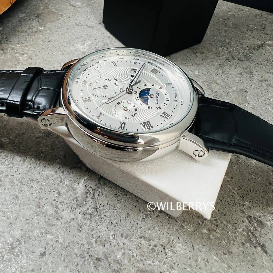 TEVISE ® Mens Namura Moonphase 45mm Tourbi Automatic Leather Watch