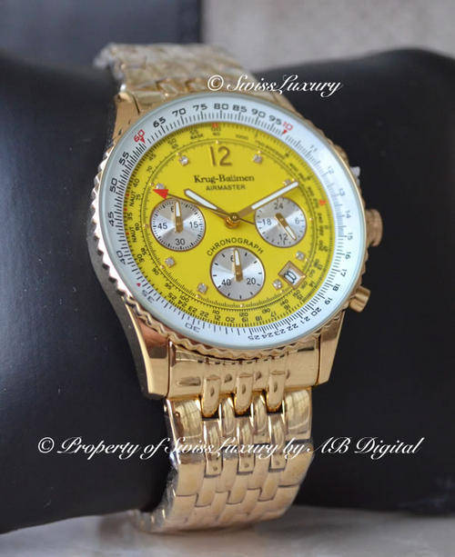 **DIAMOND** Men's KRUG BAUMEN Full Gold Plated AIRMASTER Pilot Dial Chronograph Watch
