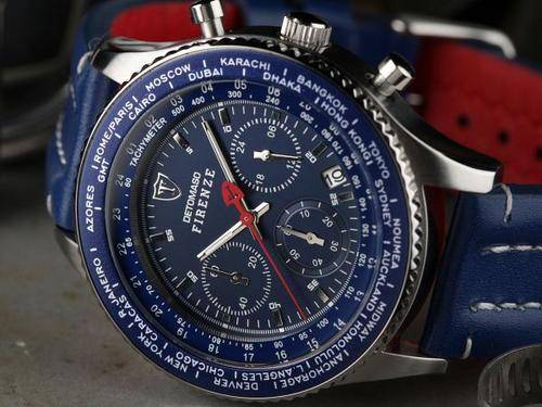 DETOMASO FIRENZE WORLD TIME BLUE ED. CHRONOGRAPH HEIDFELD TEAM WATCH W. BOX, PAPERS, FULLY LOADED!!