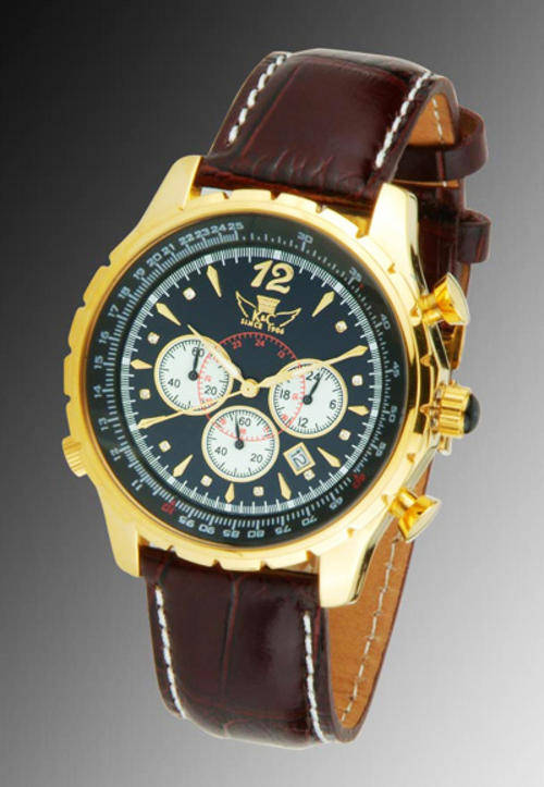 KOTTE & CO** GERMAN Engineered FALCON 10 GENUINE DIAMOND 45mm 18k Gold pl Watch w/ box, papers